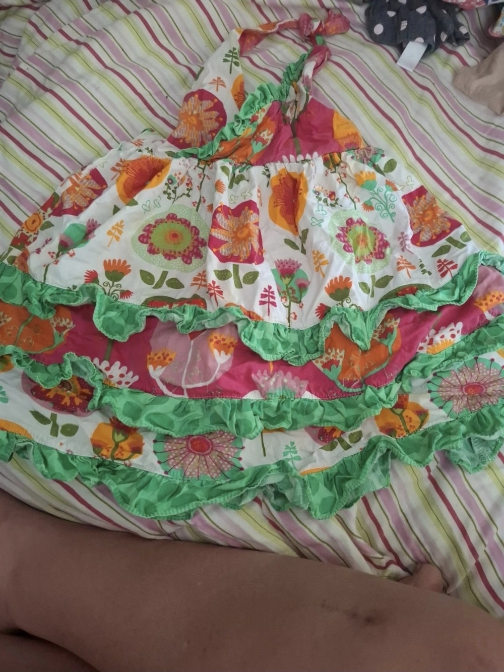 Girls Floral Tiered Dress with Green Ruffle Trim